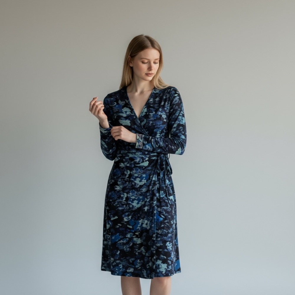 BCBGMaxAzria Floral Long Sleeve Wrap Dress - Blue and Black
